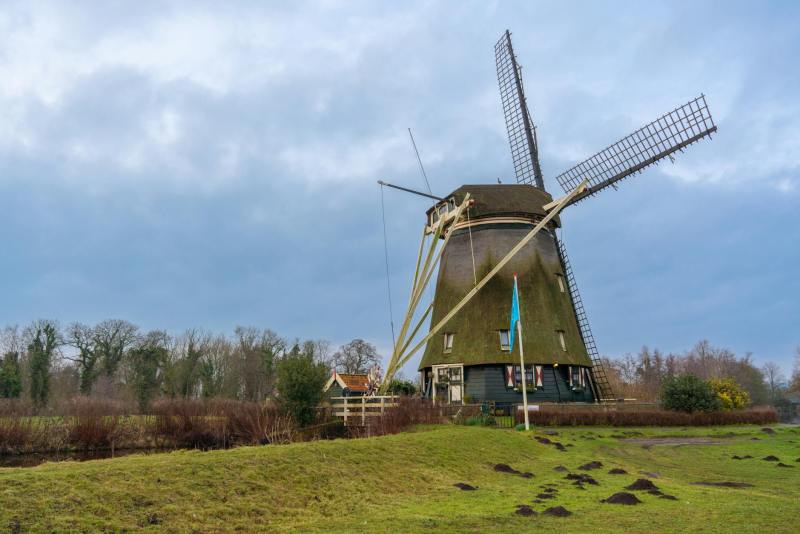 traditional dutch windmill in amsterdam landscape