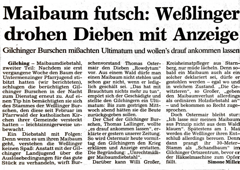 Maibaumdiebe Weßling nicht ohne Folgen