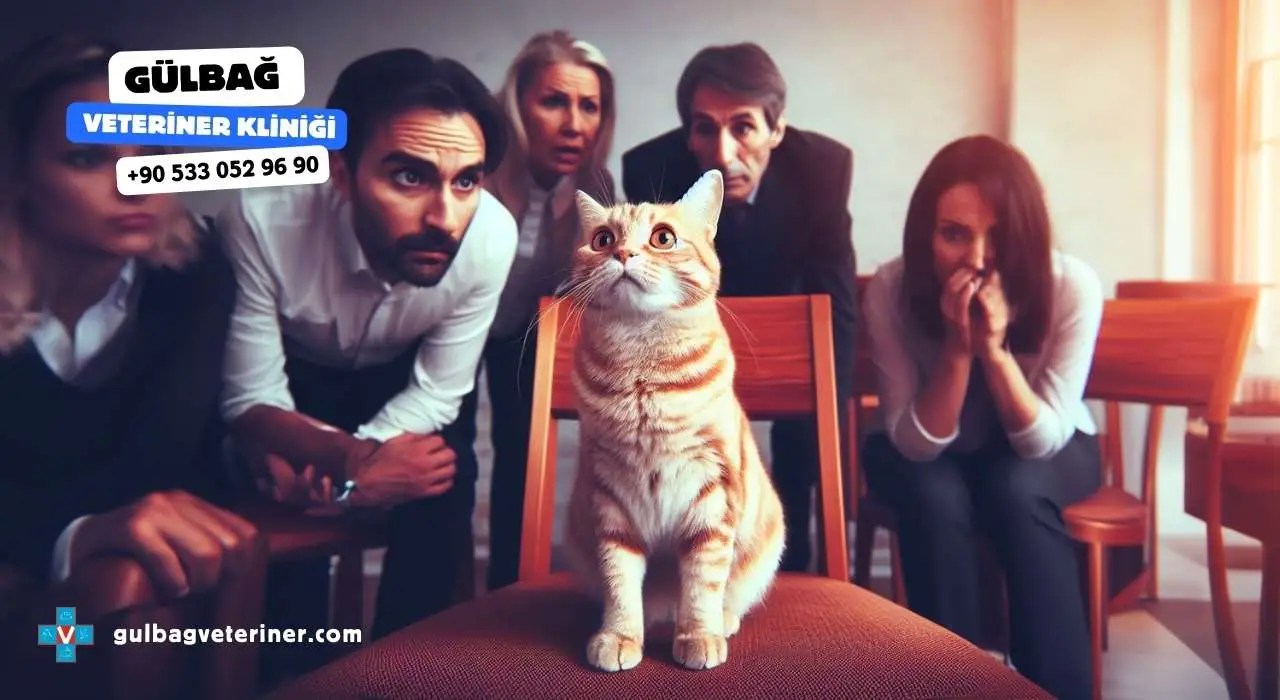 Anksiyeteli kediye bakan insanlar ve şaşkın ürkek bir yüz ifadesi olan kedi.