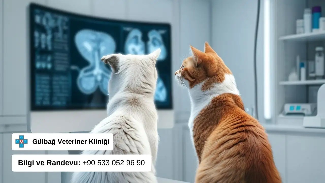 kedi ve köpek oturarak monitördeki röntgen sonuçlarına bakıyor.