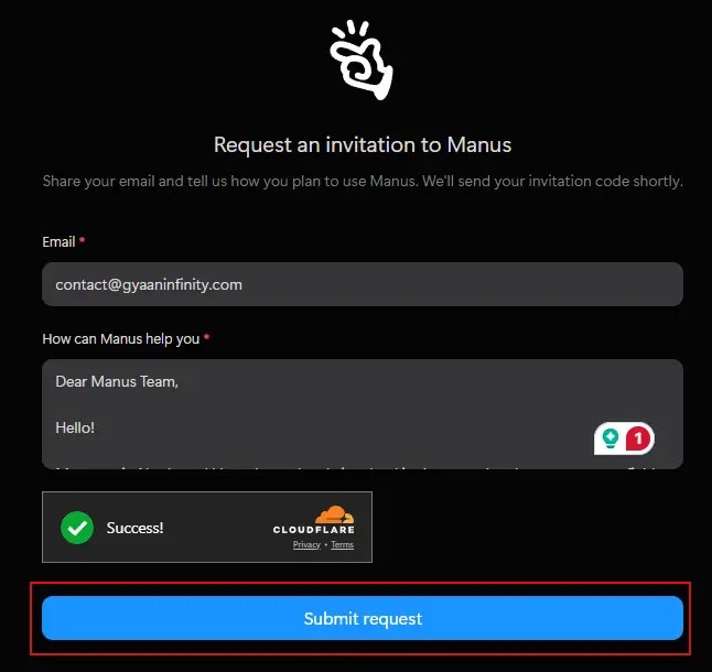  Invitation Code Application Template for manus ai agent Invitation Code