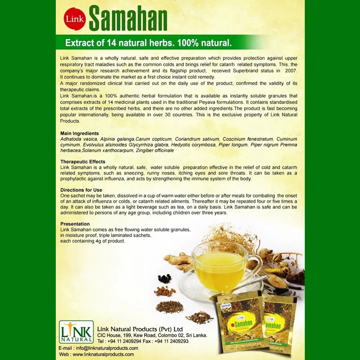 Link Samahan Instant Ayurveda Herbal Tea 100 Sachets Cough & Cold organic