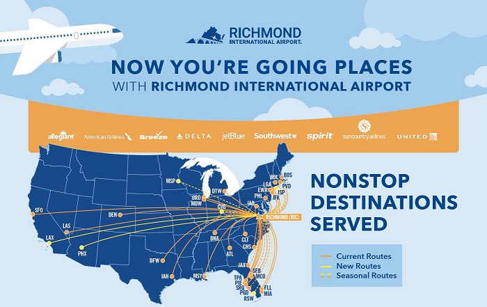 Richmond Airport Airlines Map Routes.