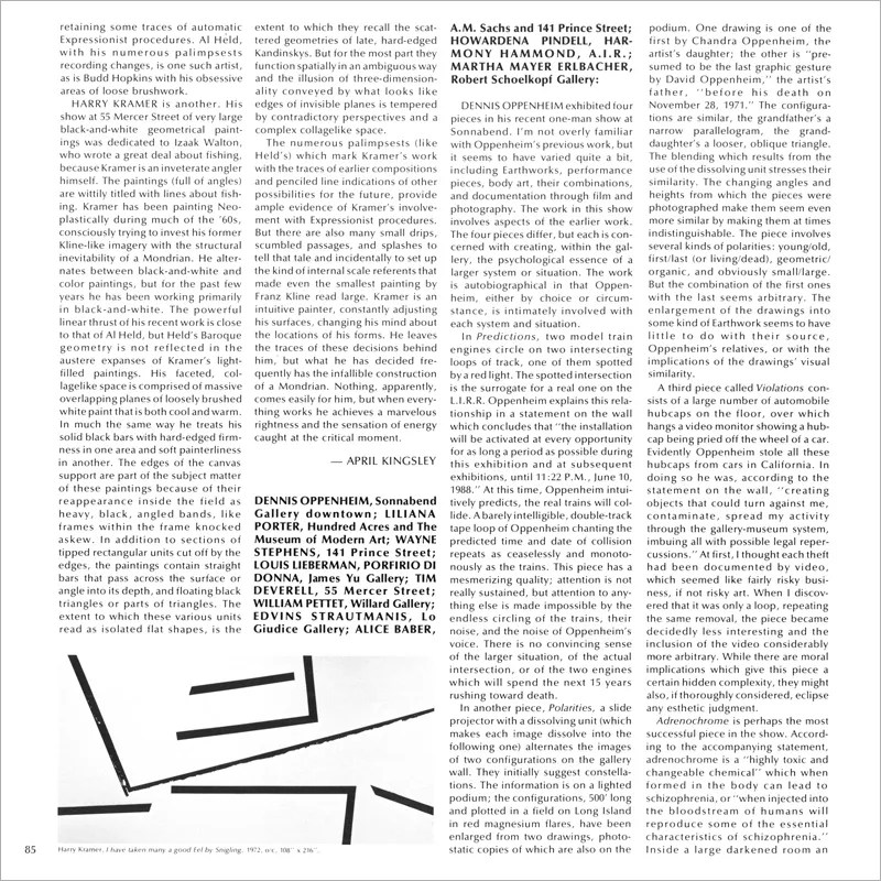 Kingsley, April. “Harry Kramer,” Artforum, April 1973: 85–86, illustrated (55 Mercer Gallery exhibition review).
