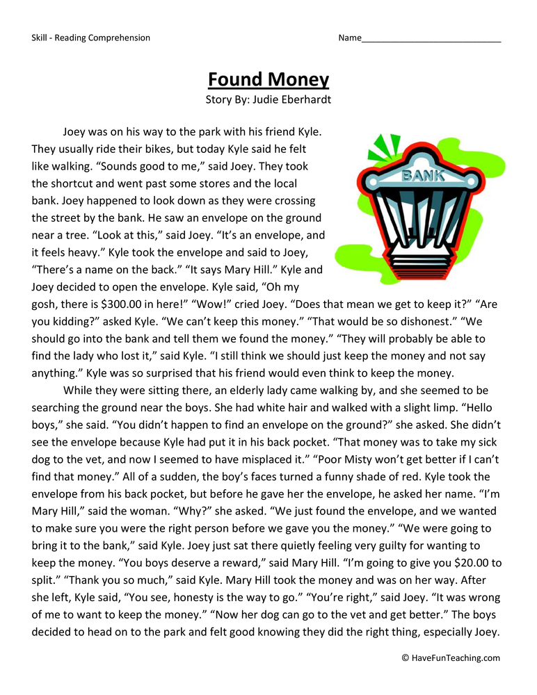 found money reading comprehension worksheet have fun teaching