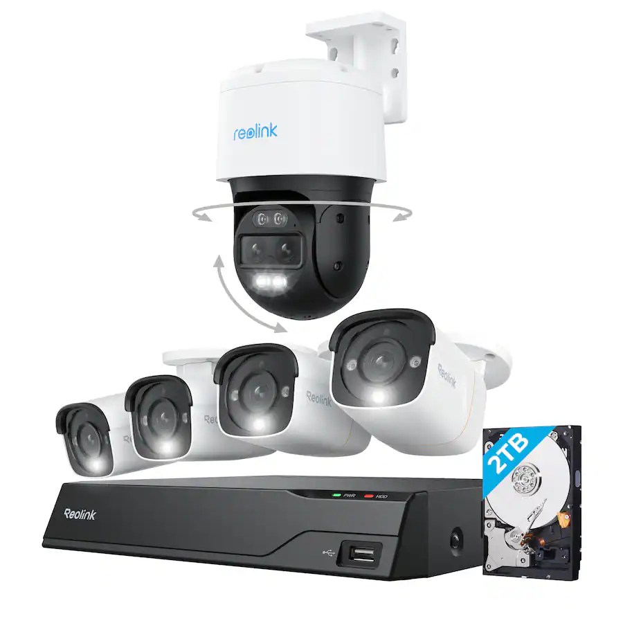 Reolink - 8 - Channel, 4 - Bullet 1 - Pan Tilt Auto Track Camera Indoor/Outdoor 4K+ 12MP PoE 2TB NVR Security Surveillance System - White