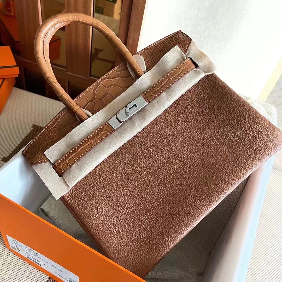 エルメス バーキン タッチ25 ゴールド クロコダイル アリゲーターマット×トゴ シルバー金具【超N品】 - 画像 (2)
