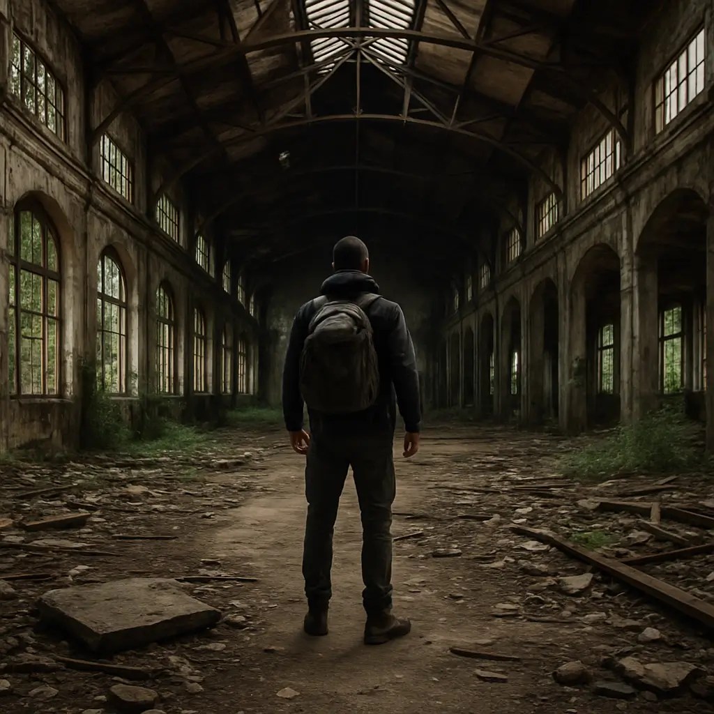Esploratore solitario che fa urbex all'interno di un edificio industriale abbandonato, immerso in un'atmosfera decadente e misteriosa