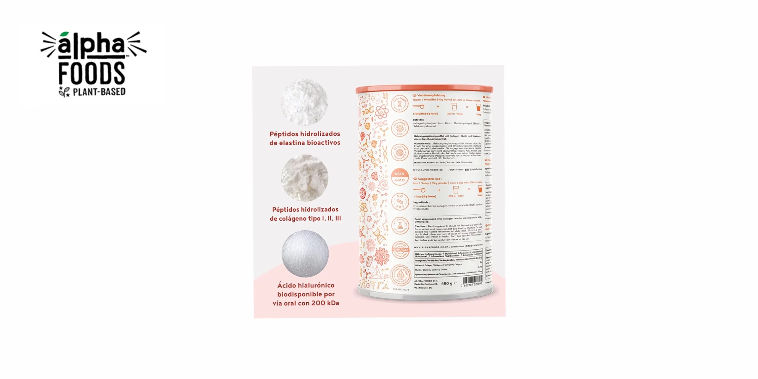 El bote de Colágeno Hidrolizado de Alpha Food es un suplemento alimenticio que ayuda a mantener la salud de las articulaciones, los huesos, la piel, el cabello y las uñas. Contiene colágeno hidrolizado de origen bovino, que se absorbe mejor que el colágeno normal, y que aporta aminoácidos esenciales para la formación de tejidos conectivos. El envase contiene 300 g de polvo sin sabor, que se puede disolver en agua, zumo, leche o cualquier otra bebida. El bote tiene un color blanco y una forma cilíndrica, con el logo de la marca y el nombre del producto en la parte frontal. En la parte trasera tiene una etiqueta con la información nutricional, los ingredientes y el modo de empleo.