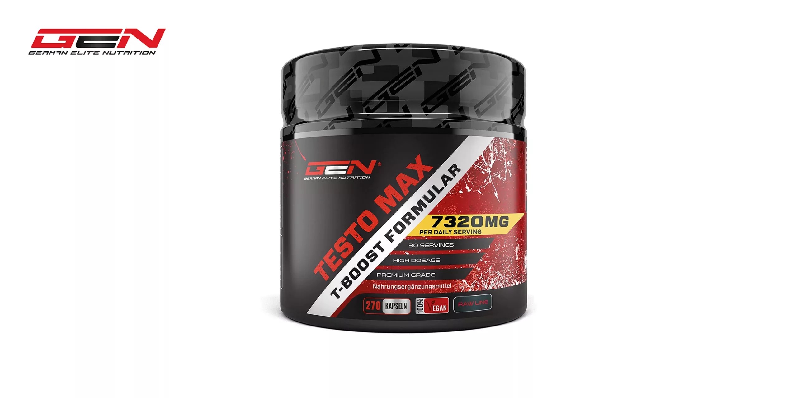 “Testo Max de Gen es un suplemento natural de testosterona que contiene extractos de plantas, vitaminas y minerales que estimulan la producción de esta hormona y mejoran la salud masculina. El bote es de color negro con letras blancas y rojas y tiene el logo de la marca Gen en la parte superior. En el centro se puede leer el nombre del producto, Testo Max, y debajo se indica que contiene 120 cápsulas. El bote tiene un tapón rojo con un sello de seguridad.”