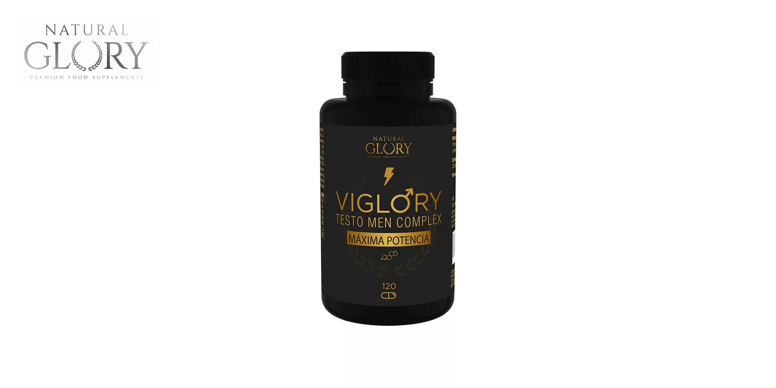 Viglory de Natural Glory es un suplemento natural de testosterona que contiene ingredientes orgánicos que potencian la libido, la energía y el rendimiento masculino. El bote es de color negro con letrasdoradas y tiene el logo de la marca Natural Glory en la parte superior. En el centro se puede leer el nombre del producto, Viglory, y debajo se indica que contiene 120 cápsulas. El bote tiene un tapón negro con un sello de seguridad.