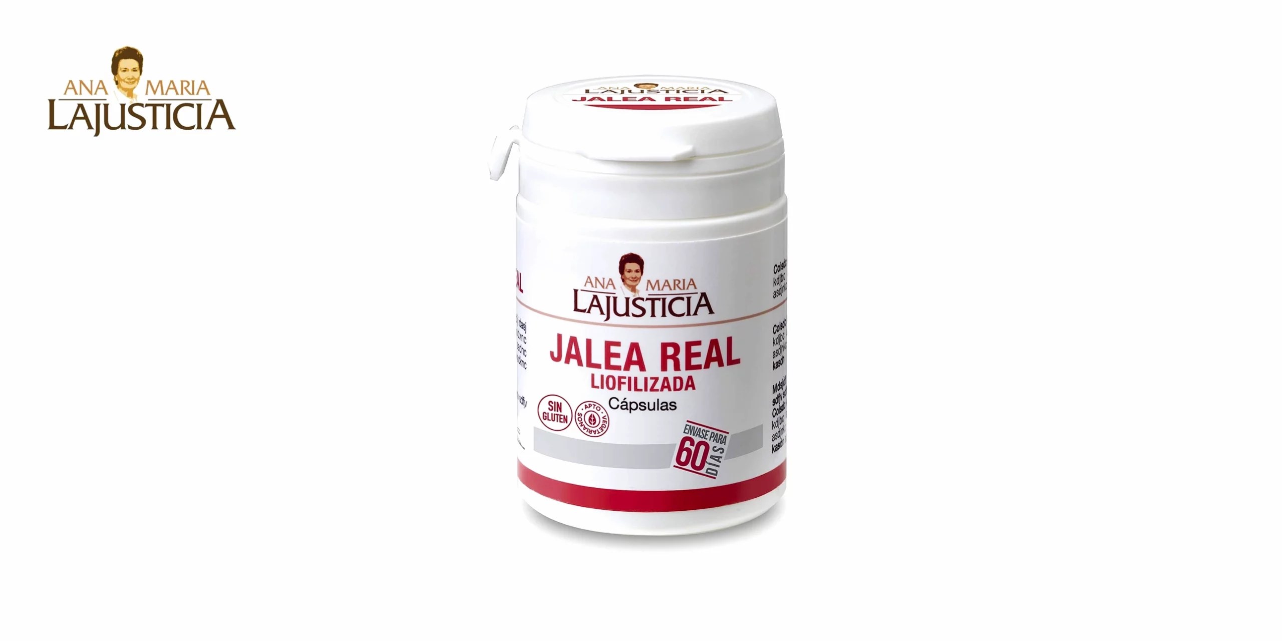 El bote de Jalea Real Liofilizada de Ana Maria Lajusticia es un complemento alimenticio que contiene jalea real liofilizada, una sustancia natural que producen las abejas y que tiene propiedades nutritivas y beneficiosas para la salud. El envase tiene un color blanco y una forma cilíndrica, con el logo de la marca y el nombre del producto en la parte frontal, en letras negras y rojas. En la parte trasera tiene una etiqueta con la información nutricional, los ingredientes y el modo de empleo. El bote contiene 60 cápsulas, que se presentan en un blíster transparente dentro del bote. El bote mide unos 10 cm de alto y unos 5 cm de diámetro, y pesa unos 100 g.