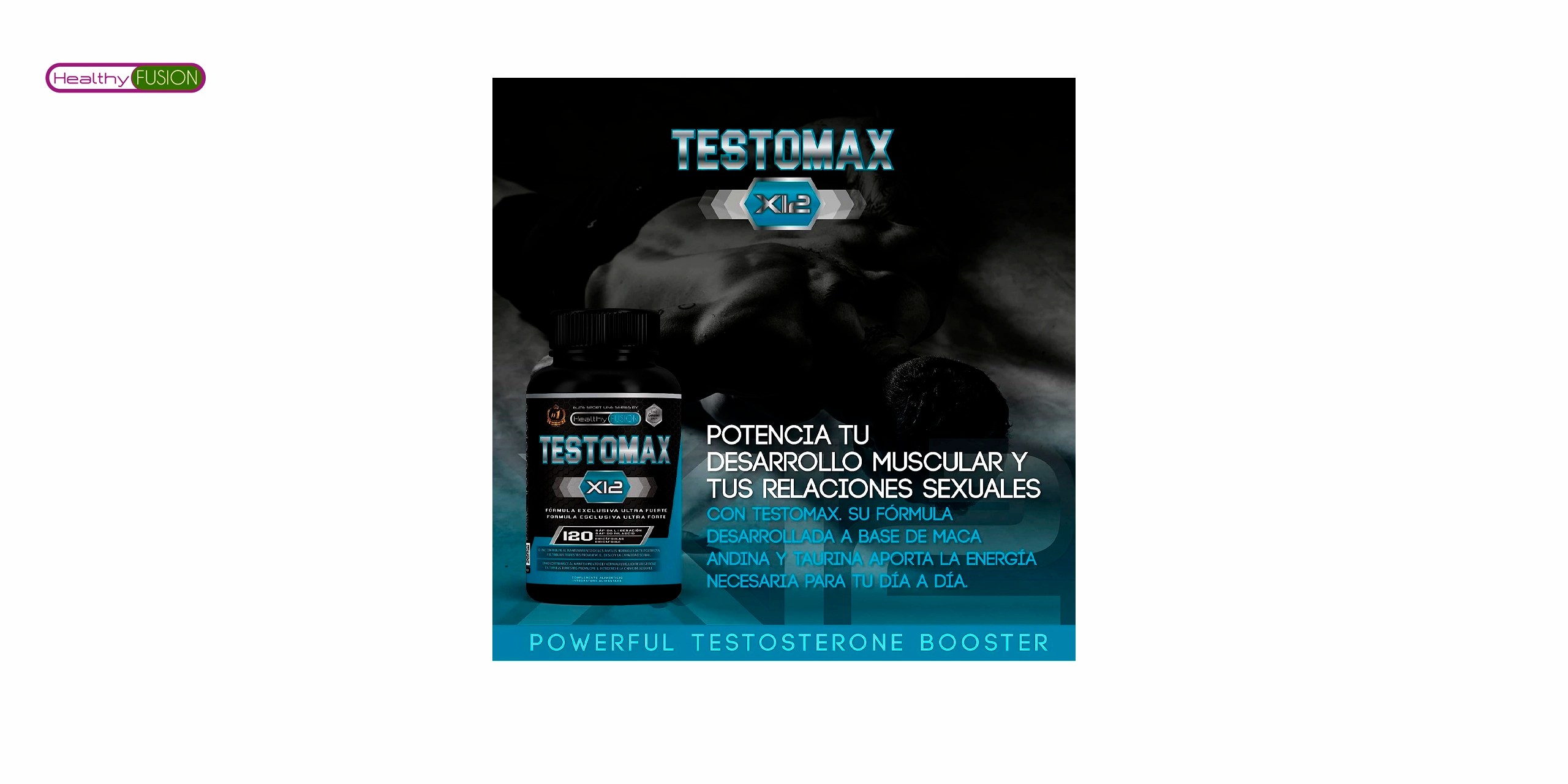 El bote de testomax de healthy fusion es un producto que contiene una fórmula natural que ayuda a aumentar los niveles de testosterona en el cuerpo. Tiene un diseño negro,azul y blanco con el logo de healthy fusion y el nombre del producto en letras grandes. En la parte inferior, se puede leer que contiene 60 cápsulas y que es apto para veganos. 🌱