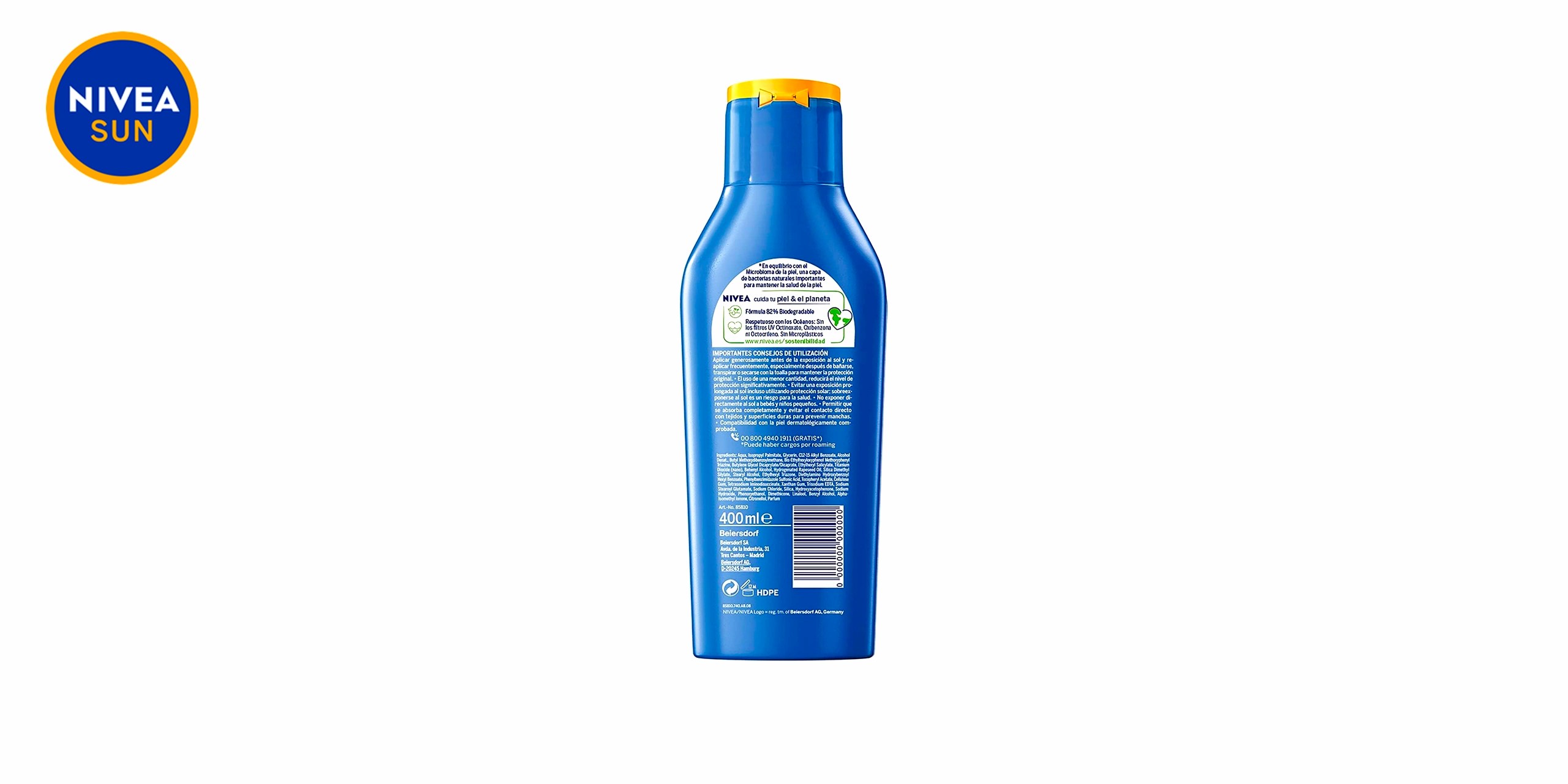 Bote de Nivea Sun Protege Hidrata Leche Solar FP30 azul con detalles blancos y naranjas