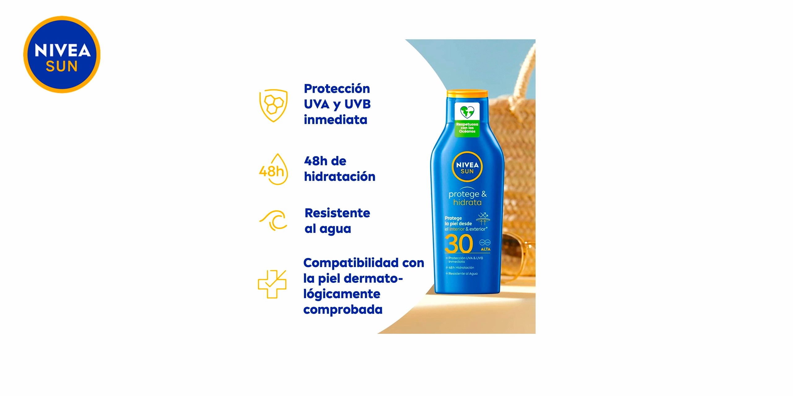 Bote de Nivea Sun Protege Hidrata Leche Solar FP30 azul con detalles blancos y naranjas