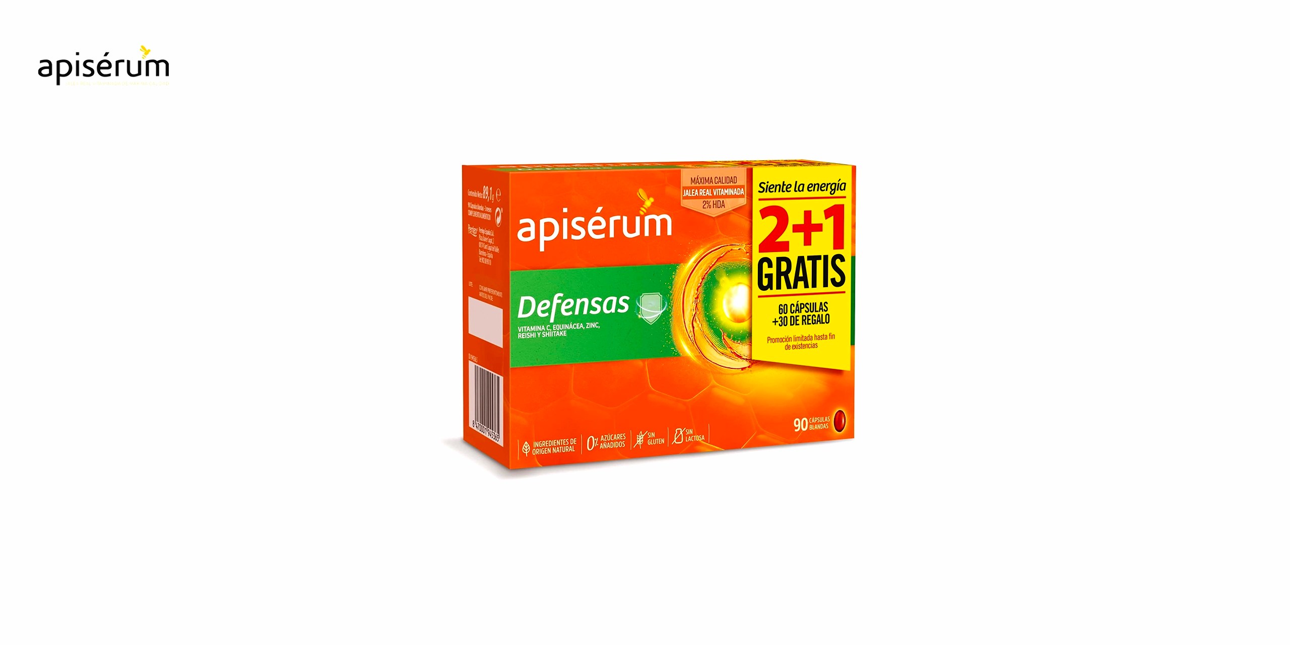 La caja de apiserum defensas es de color naranja con detalles en blanco y naranja. Tiene el nombre del producto en letras grandes y el logo de la marca en la esquina superior izquierda. En la parte frontal, se indica que contiene 90 cápsulas, que es un complemento alimenticio con jalea real, vitamina C, equinácea, zinc, reishi y shitake, y que ayuda a mantener y reforzar las defensas. En la parte trasera, se muestra la información nutricional, el modo de empleo, las precauciones y los ingredientes. La caja tiene un tamaño aproximado de 12 x 8 x 6 cm y un peso de 250 g.