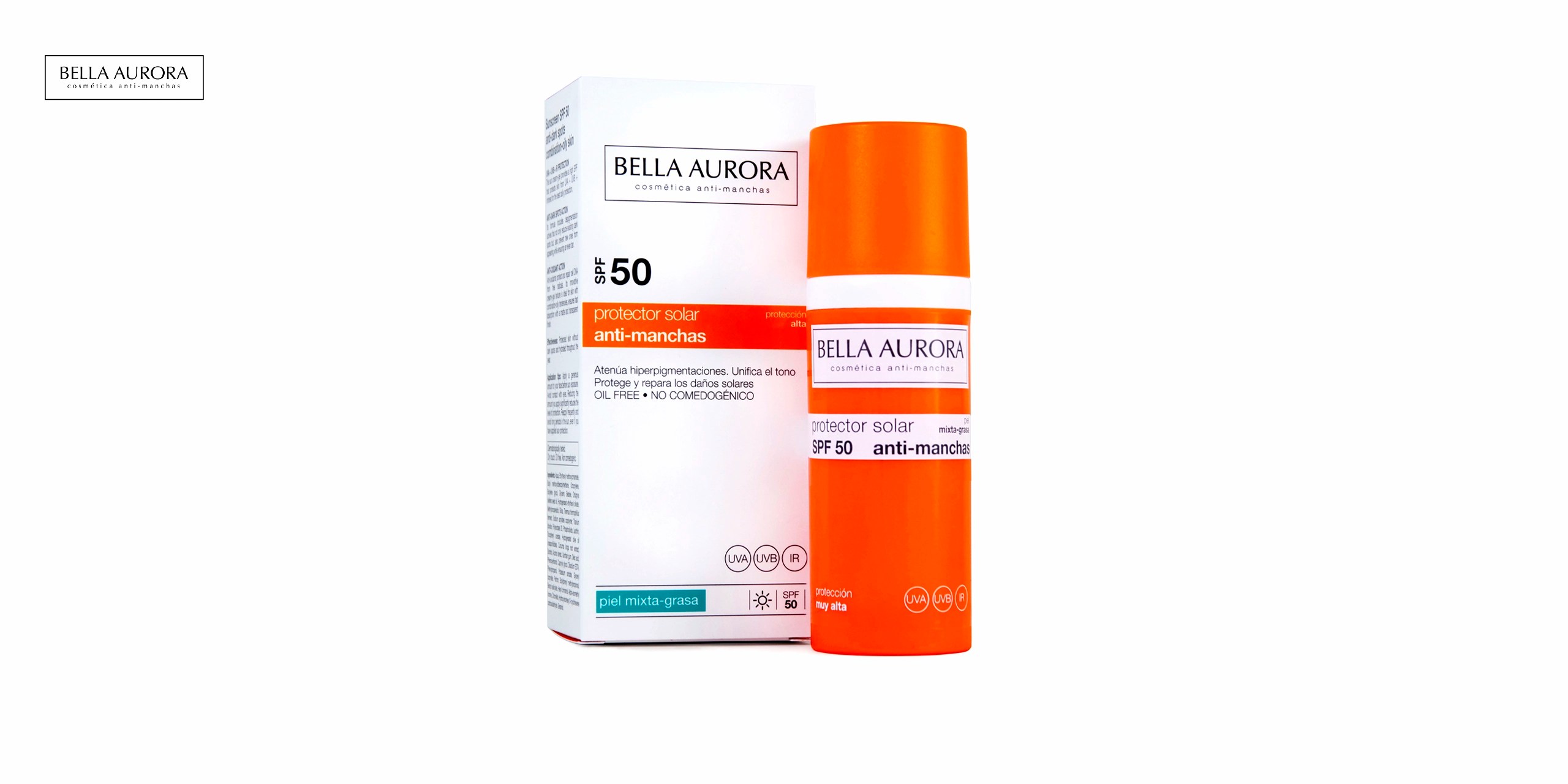 La caja y el bote de Bella Aurora Protector Solar SPF 50+ Facial Anti-Manchas Piel Mixta Grasa, 50 ml son de color blanco con detalles en azul y naranja. La caja tiene el logotipo de Bella aurora en la parte superior frontal y el nombre del producto en la parte frontal. También indica que se trata de un protector solar antimancha. En la parte trasera y lateral de la caja se pueden leer las características, los beneficios, la composición y el modo de empleo del producto. El bote tiene forma cilíndrica. En la etiqueta se repite la información de la caja y se añade un código de barras. El bote contiene 50 ml de producto.