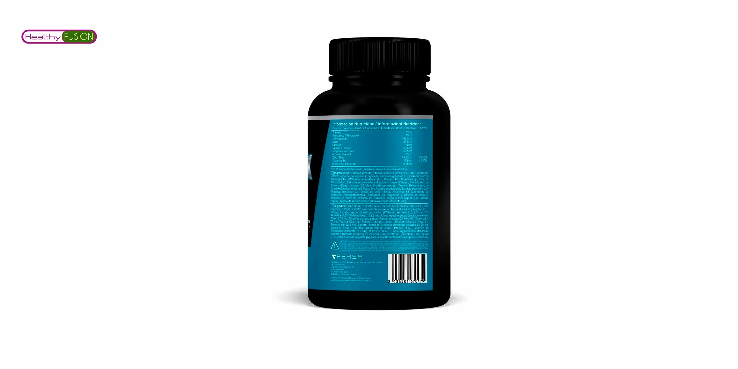 El bote de testomax de healthy fusion es un producto que contiene una fórmula natural que ayuda a aumentar los niveles de testosterona en el cuerpo. Tiene un diseño negro,azul y blanco con el logo de healthy fusion y el nombre del producto en letras grandes. En la parte inferior, se puede leer que contiene 60 cápsulas y que es apto para veganos. 🌱