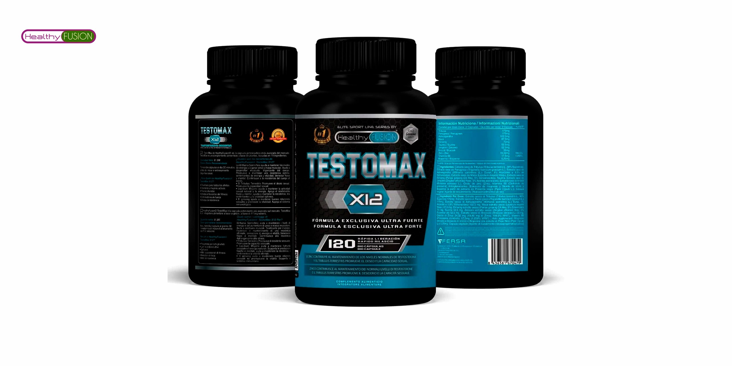 El bote de testomax de healthy fusion es un producto que contiene una fórmula natural que ayuda a aumentar los niveles de testosterona en el cuerpo. Tiene un diseño negro,azul y blanco con el logo de healthy fusion y el nombre del producto en letras grandes. En la parte inferior, se puede leer que contiene 60 cápsulas y que es apto para veganos. 🌱