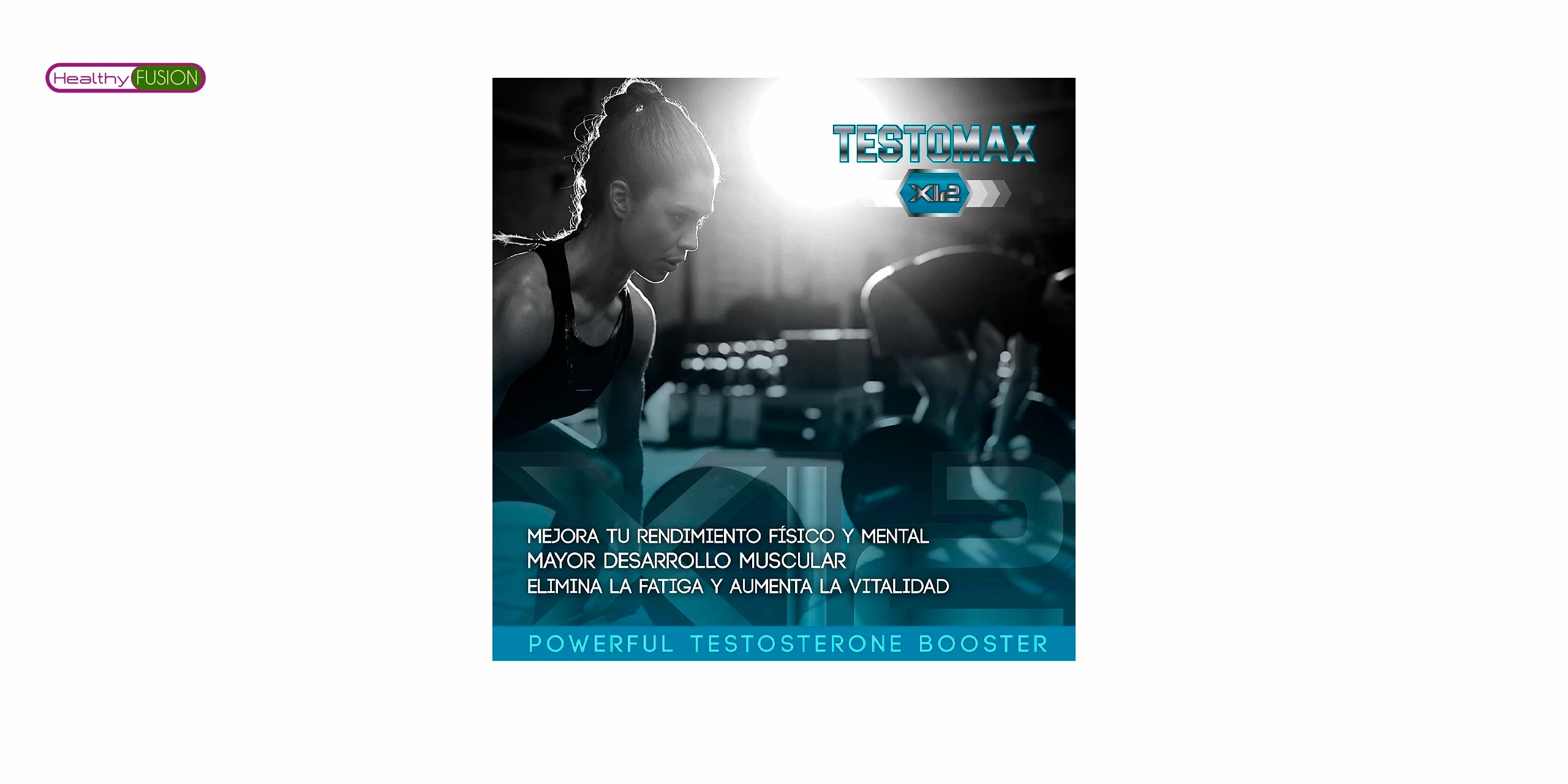 El bote de testomax de healthy fusion es un producto que contiene una fórmula natural que ayuda a aumentar los niveles de testosterona en el cuerpo. Tiene un diseño negro,azul y blanco con el logo de healthy fusion y el nombre del producto en letras grandes. En la parte inferior, se puede leer que contiene 60 cápsulas y que es apto para veganos. 🌱