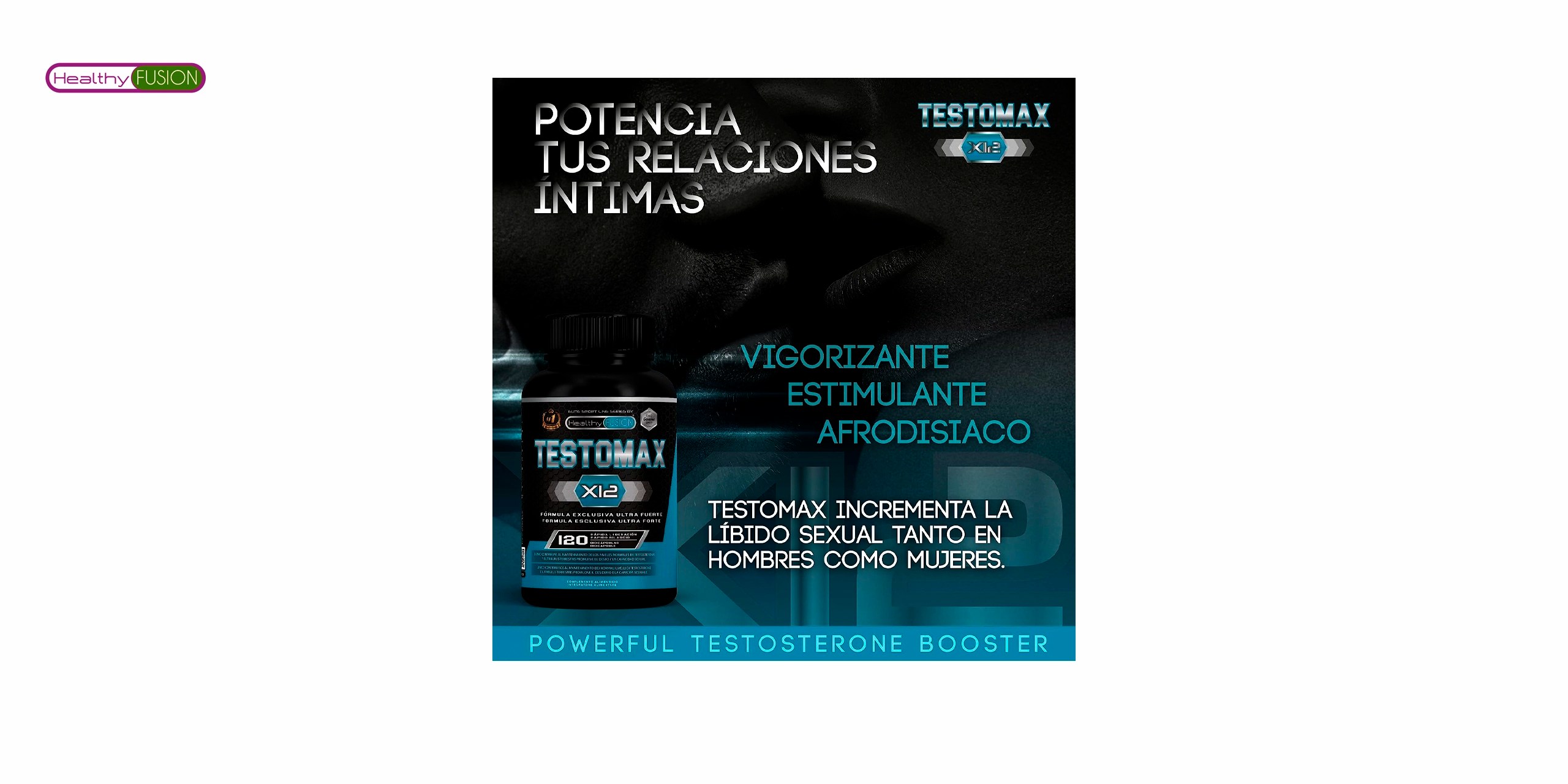 El bote de testomax de healthy fusion es un producto que contiene una fórmula natural que ayuda a aumentar los niveles de testosterona en el cuerpo. Tiene un diseño negro,azul y blanco con el logo de healthy fusion y el nombre del producto en letras grandes. En la parte inferior, se puede leer que contiene 60 cápsulas y que es apto para veganos. 🌱
