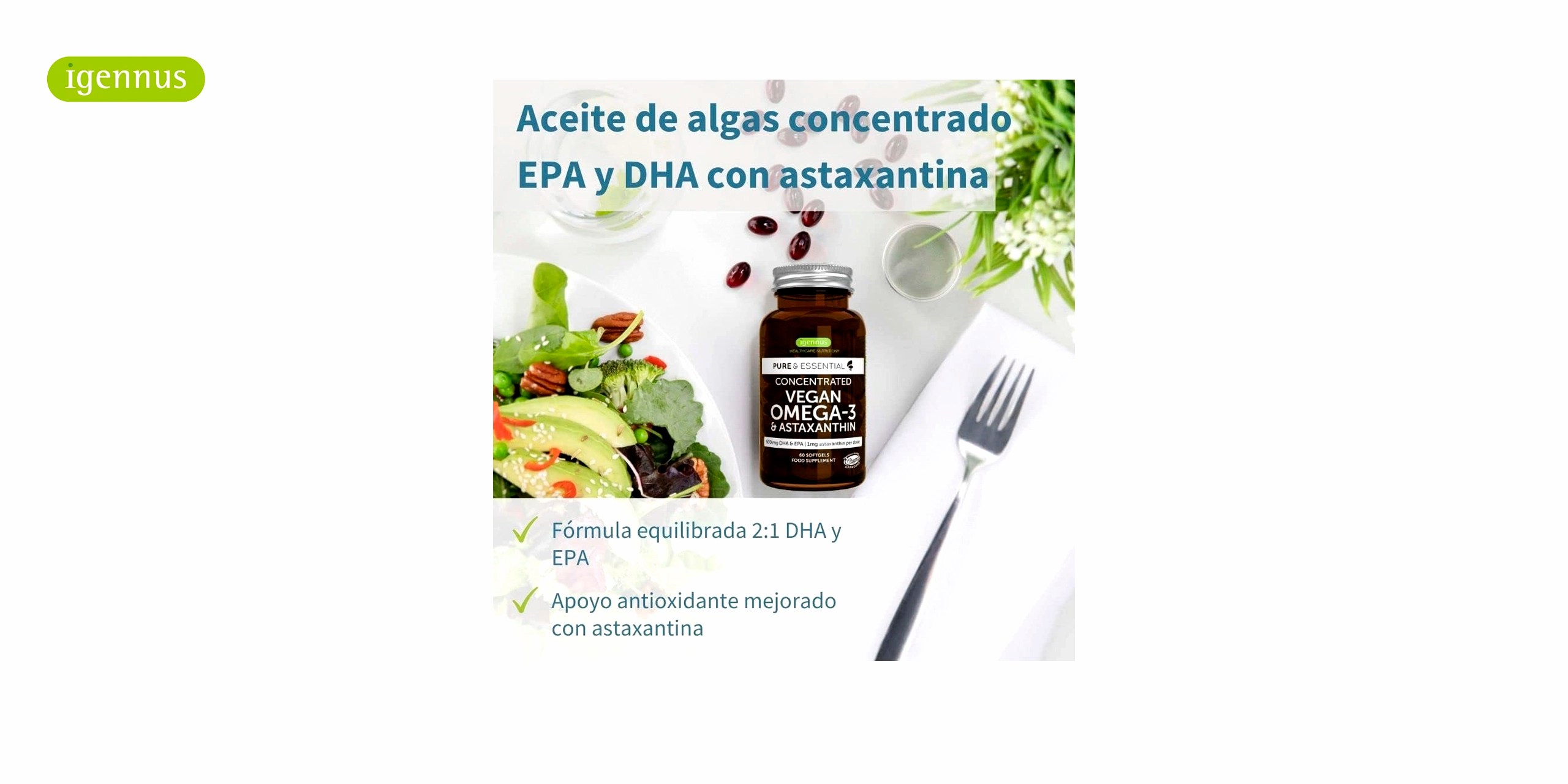 Un bote ambar con el logo de igennus en verde y el nombre de Omega 3 Vegano con Astaxantina en letras blancas. El bote contiene 60 cápsulas blandas de Omega 3 Vegano con Astaxantina, un suplemento que combina los ácidos grasos omega-3 de origen vegetal con la astaxantina, un potente antioxidante que protege las células del daño oxidativo.