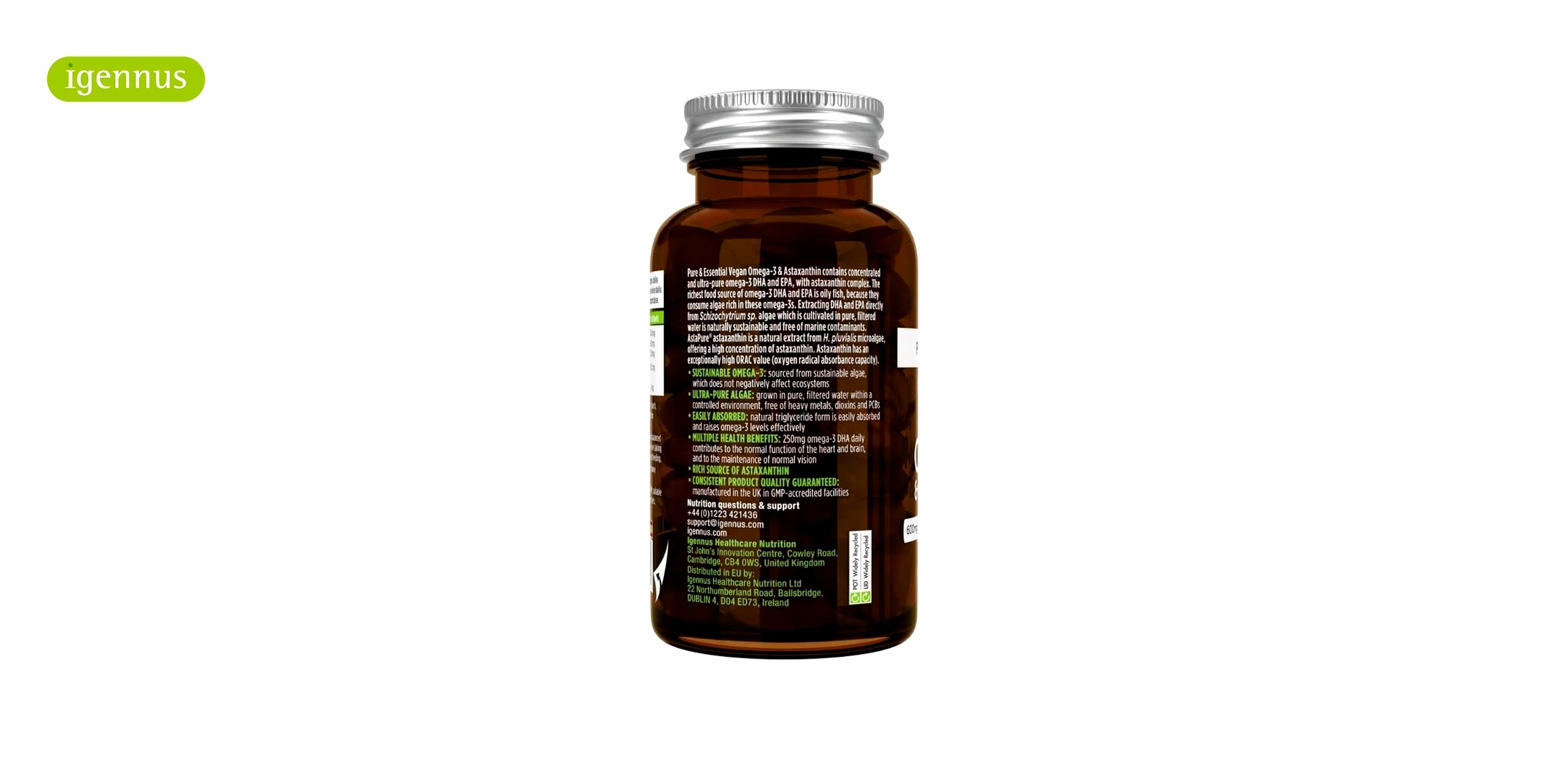 Un bote ambar con el logo de igennus en verde y el nombre de Omega 3 Vegano con Astaxantina en letras blancas. El bote contiene 60 cápsulas blandas de Omega 3 Vegano con Astaxantina, un suplemento que combina los ácidos grasos omega-3 de origen vegetal con la astaxantina, un potente antioxidante que protege las células del daño oxidativo.