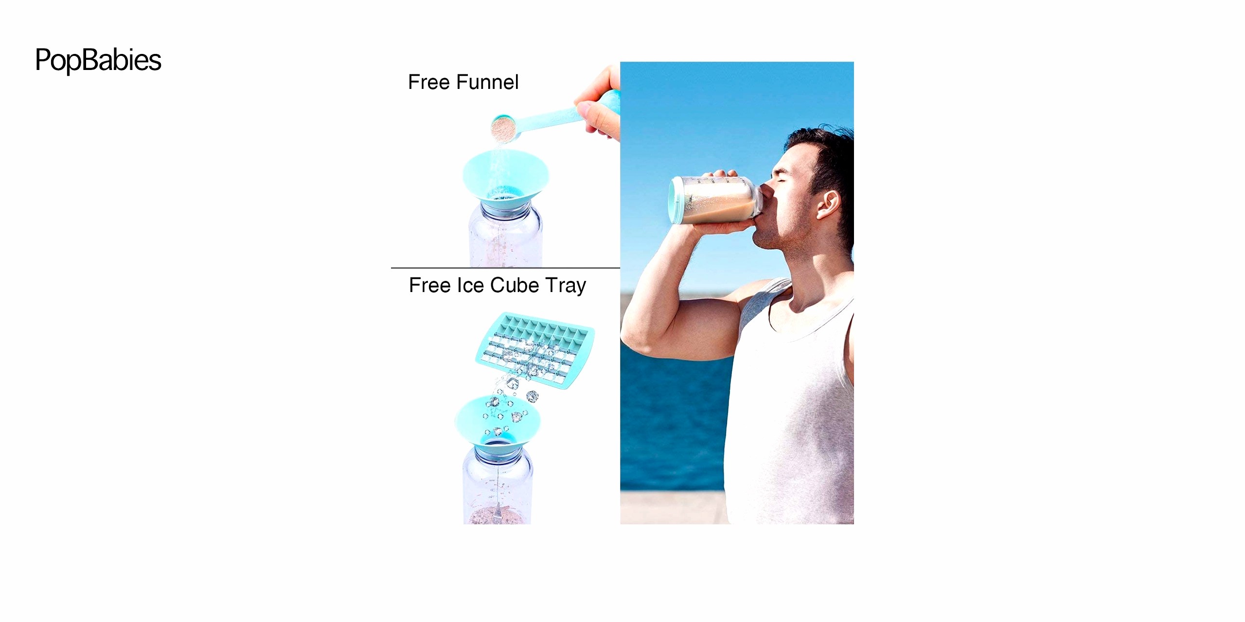 Una batidora portátil de color azul claro con un vaso transparente que contiene trozos de fruta fresca. Al lado hay una bandeja de hielo del mismo tono y un embudo de plástico blanco. El fondo es blanco y limpio