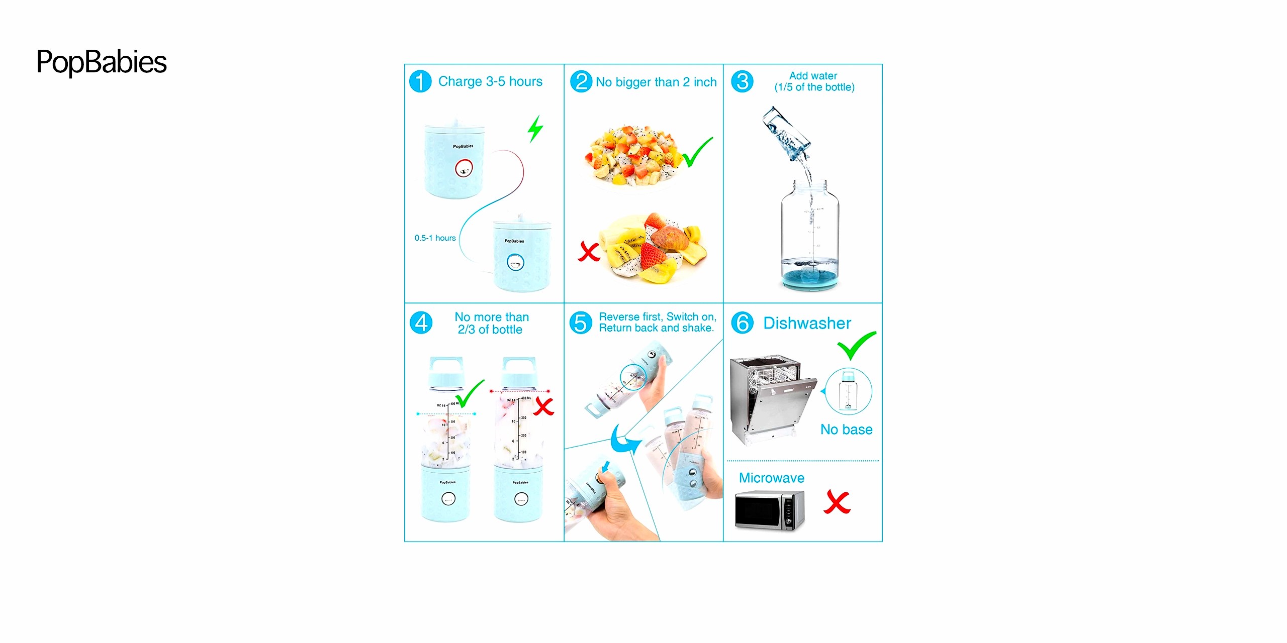 Una batidora portátil de color azul claro con un vaso transparente que contiene trozos de fruta fresca. Al lado hay una bandeja de hielo del mismo tono y un embudo de plástico blanco. El fondo es blanco y limpio