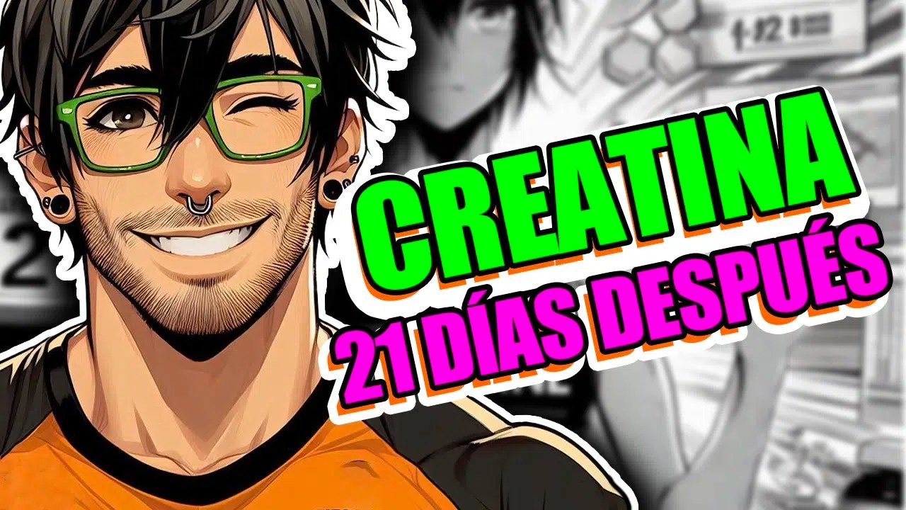 La imagen muestra una ilustración monocromática de una persona atlética con cabello oscuro, vistiendo una camiseta deportiva. En el lado derecho de la imagen, hay texto en letras rojas grandes que dice “CREATINA” y, debajo, en letras blancas más pequeñas sobre un fondo negro, se lee “21 DÍAS DESPUÉS”. La imagen sugiere un escenario de antes y después relacionado con el uso de creatina durante un período de 21 días.