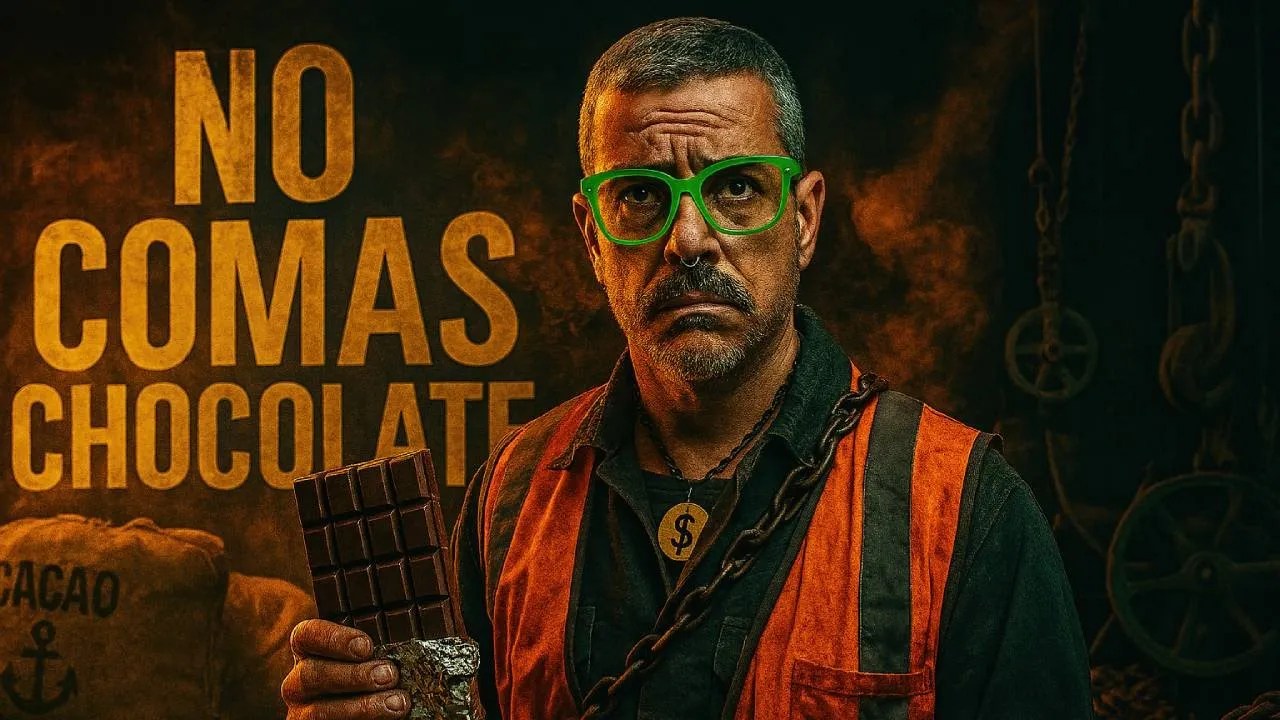 Hombre con gafas verdes y expresión seria sostiene una barra de chocolate frente a un fondo industrial con sacos de cacao y cadenas. Lleva un chaleco naranja y un collar con símbolo de dólar. El texto dice “NO COMAS CHOCOLATE”.