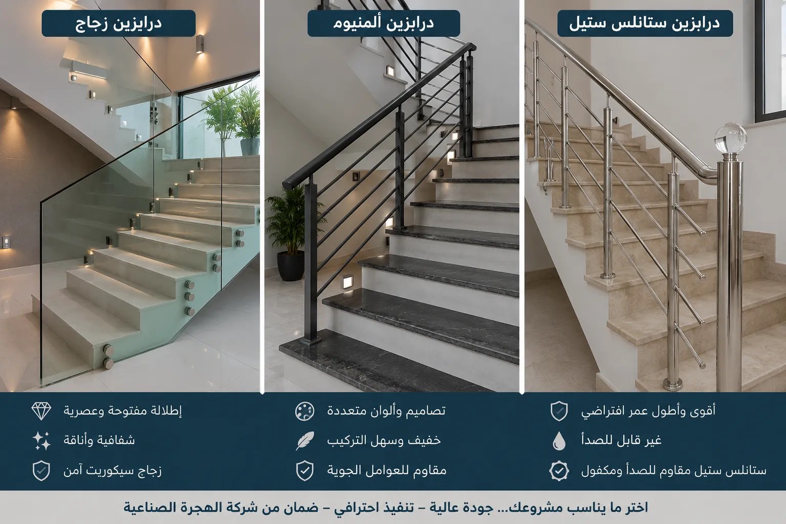 درابزين زجاج أم ألمنيوم أم ستانلس ستيل؟ الأسعار والفرق وأيهما أفضل في الأردن