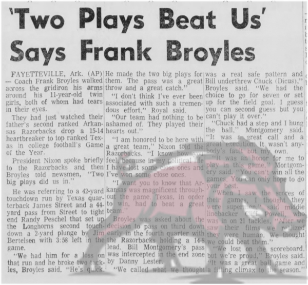 Notre dame 🍿 can ark upset uga? Arkansas 14 v. Texas 15, Oct. 6, 1969, Fayetteville, AR