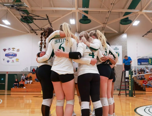 A volleyball team huddles after a point.