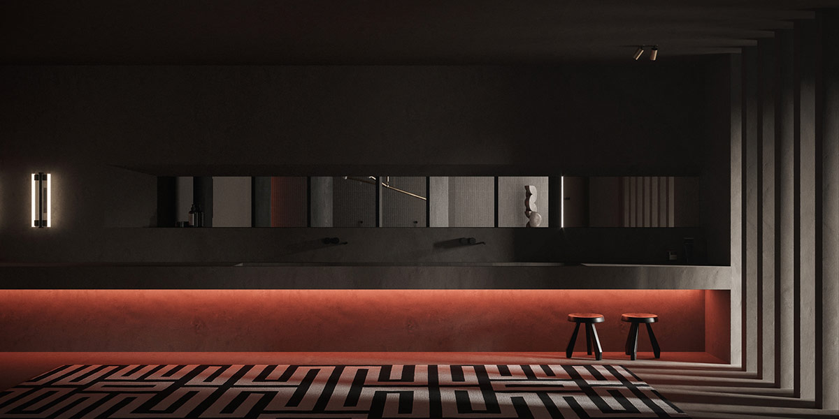 Spacious dark interiors with ruby red accents