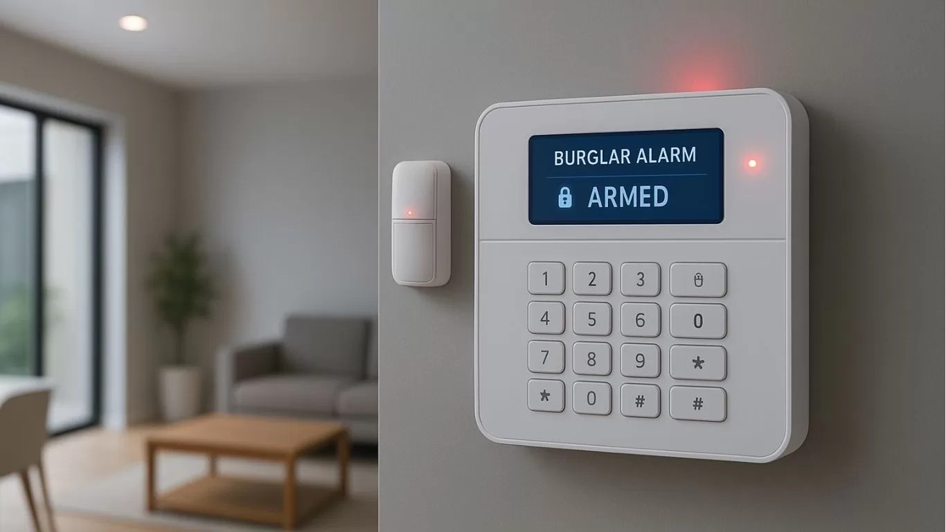 Burglar alarm system installed in a modern Indian home with motion sensors and control panel