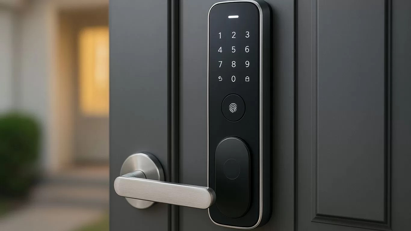 Modern smart lock installed on a wooden door featuring fingerprint scanner, digital keypad, and keyless entry system