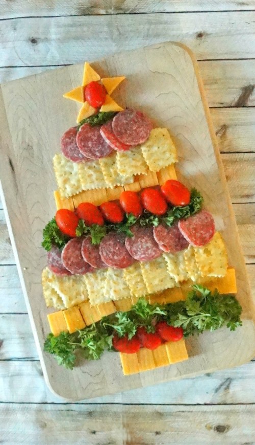 Cheese, Cracker and Sausage Christmas Tree Holiday Appetizer platter