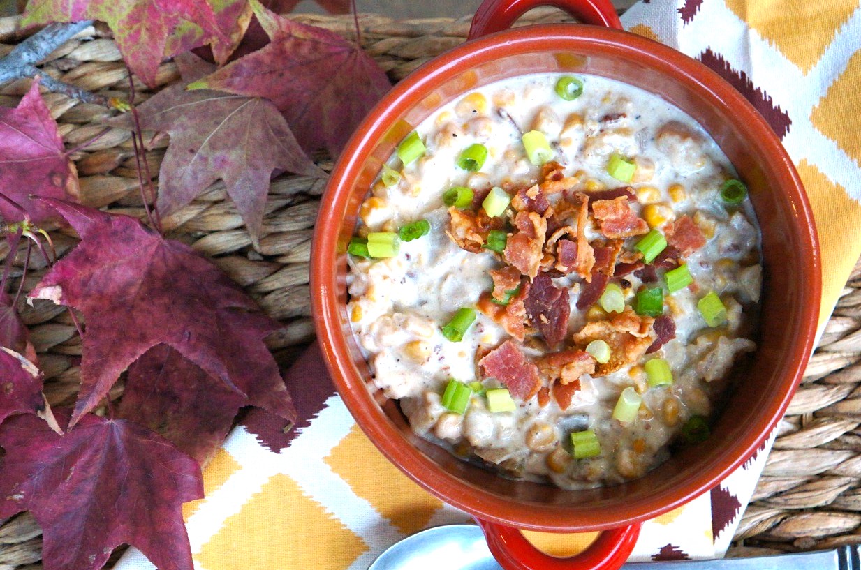 Creamy potato and corn chowder soup with bacon made in the slow cooker