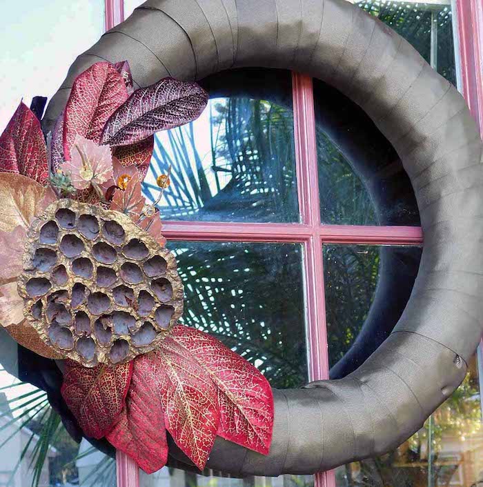 Easy brown ribbon wrapped Fall Wreath