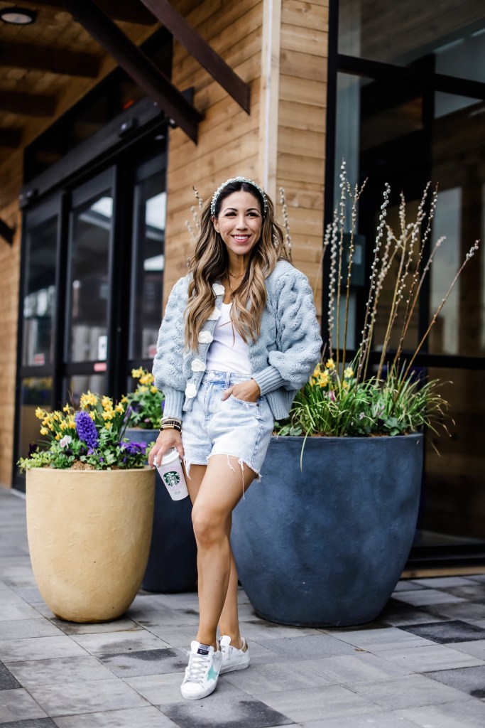 My Honest Review of Golden Goose Sneakers: image of cardigan and shorts