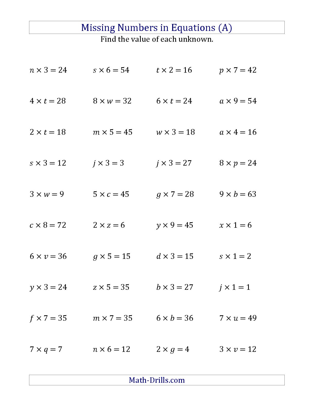 Solving for a variable worksheet