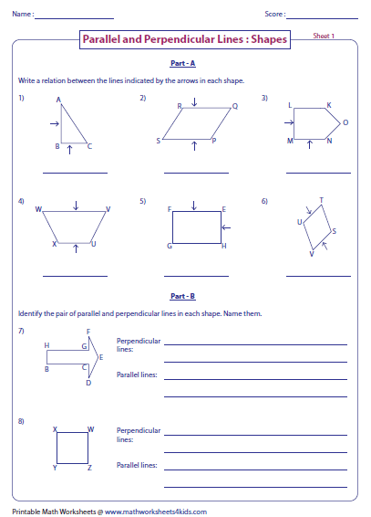 Parallel, perpendicular and intersecting lines worksheets