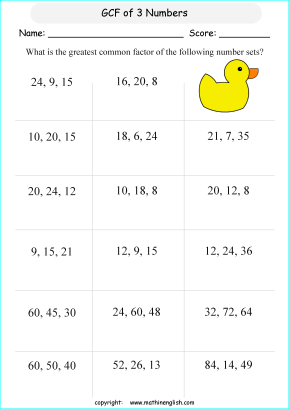 find the greatest common factor of 3 numbers up to 100 math free