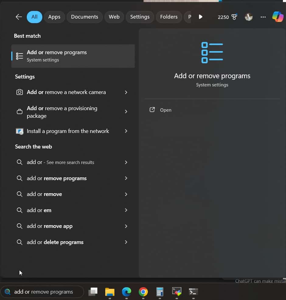 Open Add or Remove Programs settings in Windows 11