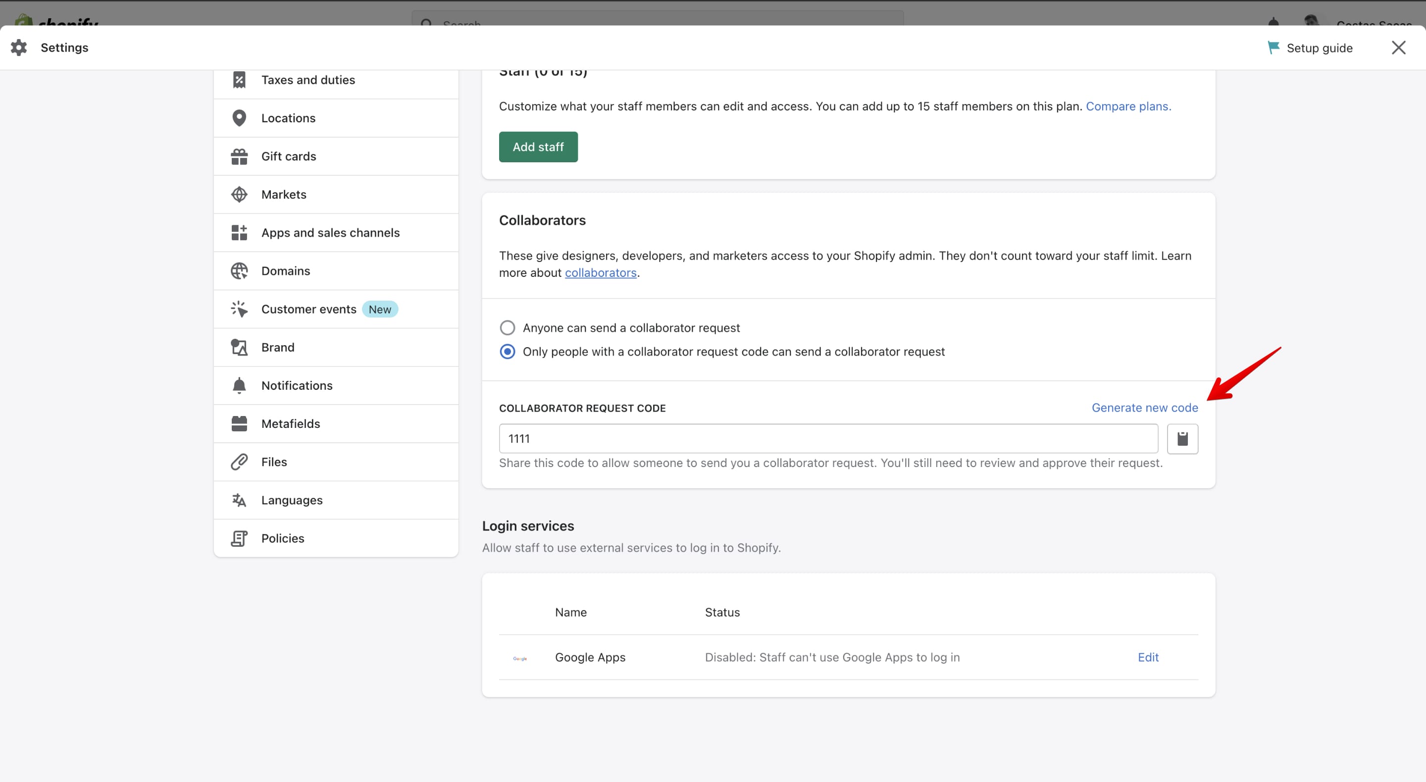 Where to find the shopify collaborator code?