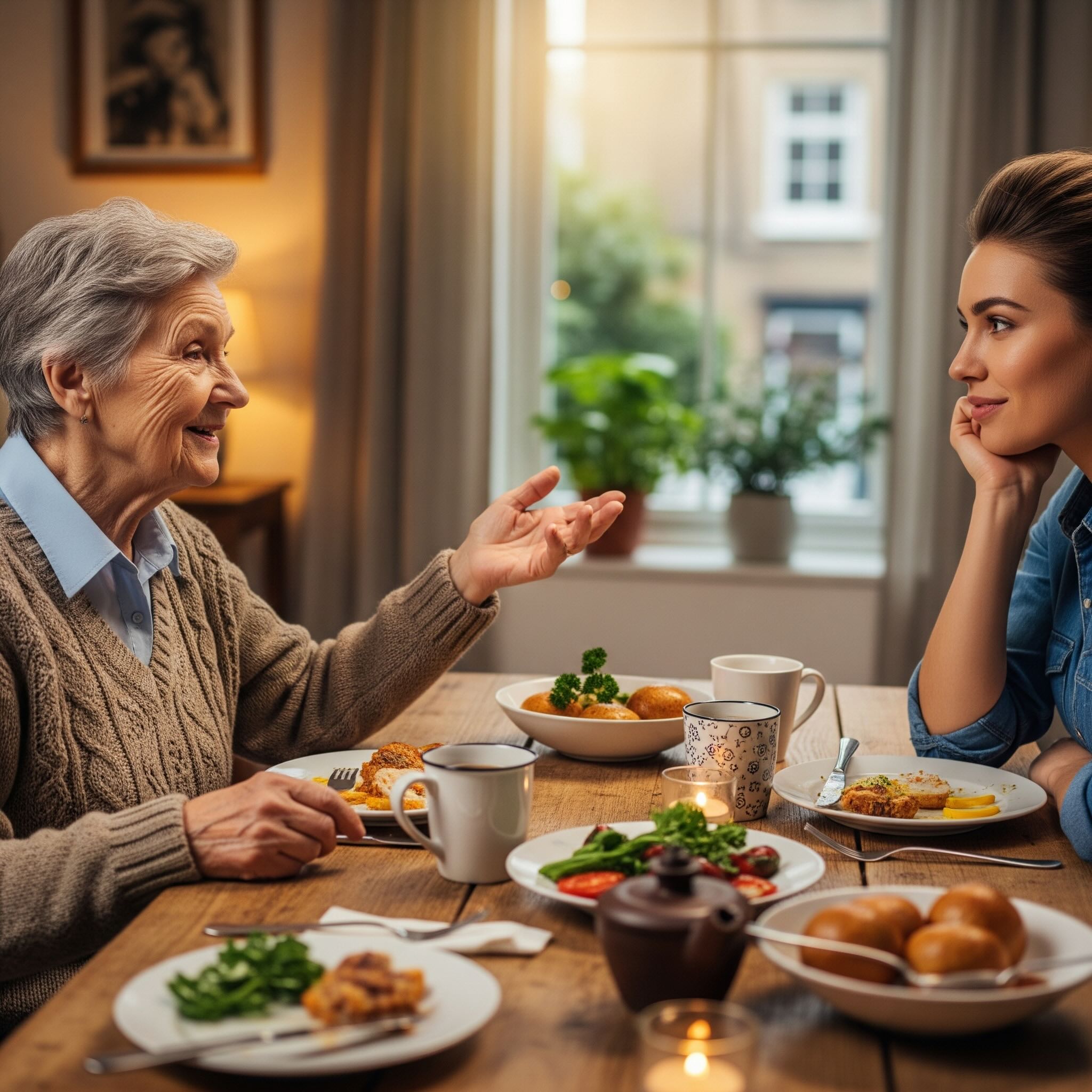 older person talking to a younger person around a table having lunch