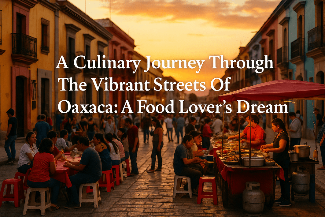 alt_text: Vibrant Oaxaca streets alive with food, culture, and sunset magic. Explore culinary delights!