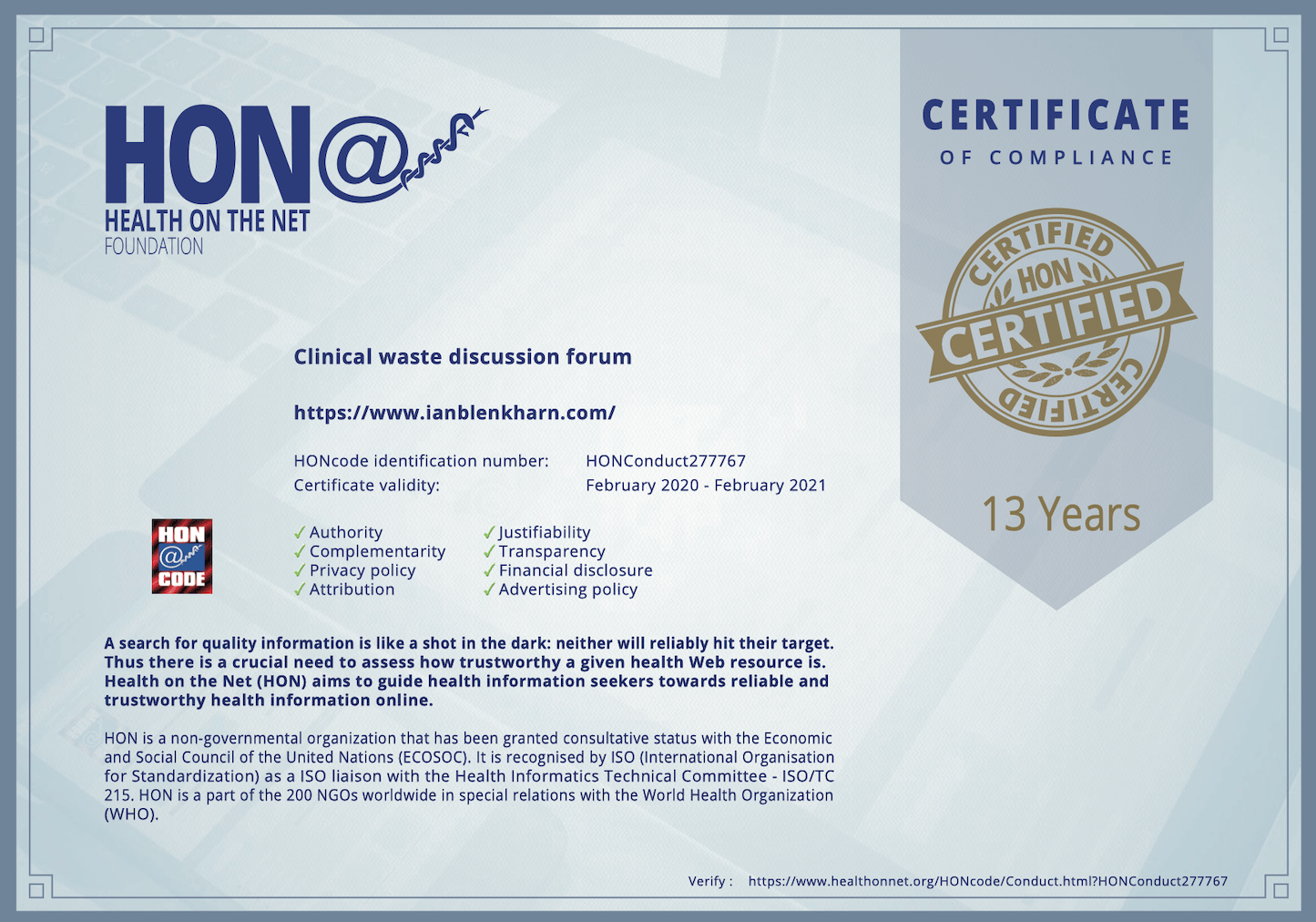 Another year of successful HONCode certification for our Forum