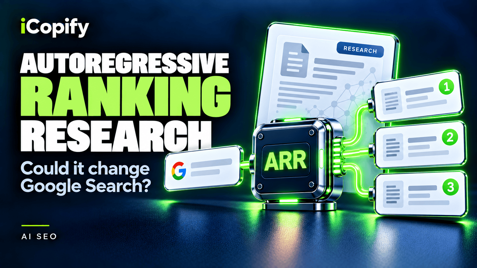 Google DeepMind Autoregressive Ranking research showing an AI model ordering search results from one to three